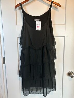 NWT Gigi Moda Made In Italy 100% Silk Black Tiered Ruffle Dress handmade